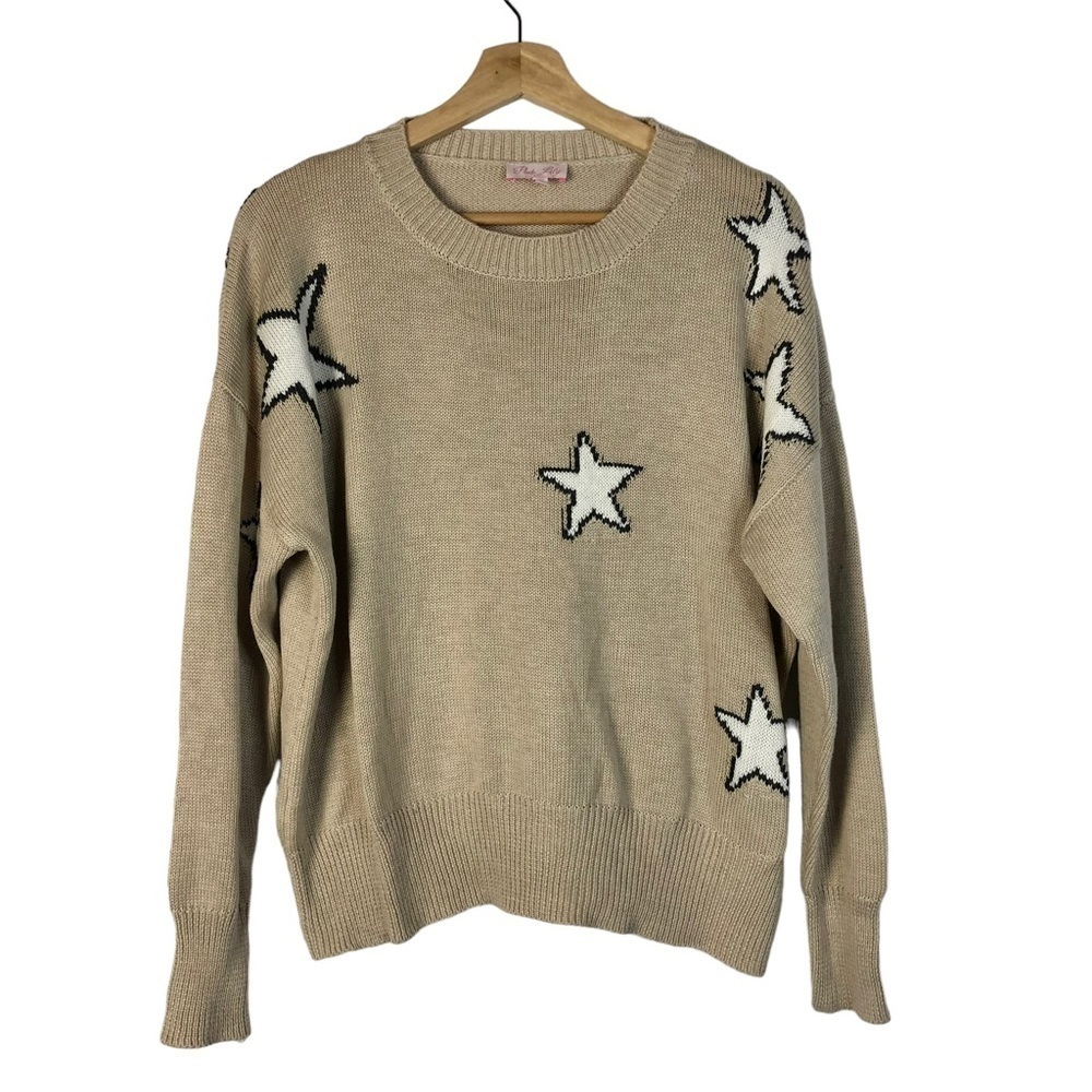 Pink Lily Beige Star‎ Print Crewneck Pullover Sweater M